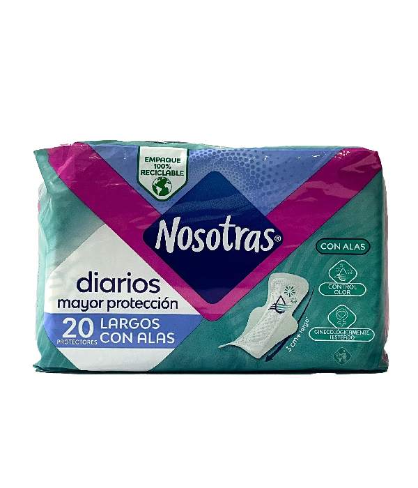 PROTECTORES NOSOTRAS DIARIOS LARGOS CON ALAS BOLSA  X 20 UNDS