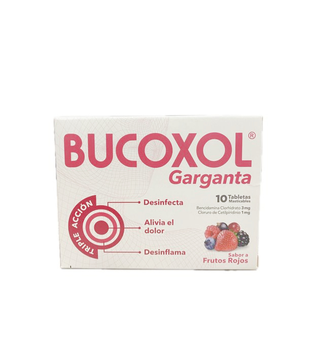 BUCOXOL TRIPLE ACCION SABOR FRUTOS ROJOS CAJA X 10 TABLETAS 