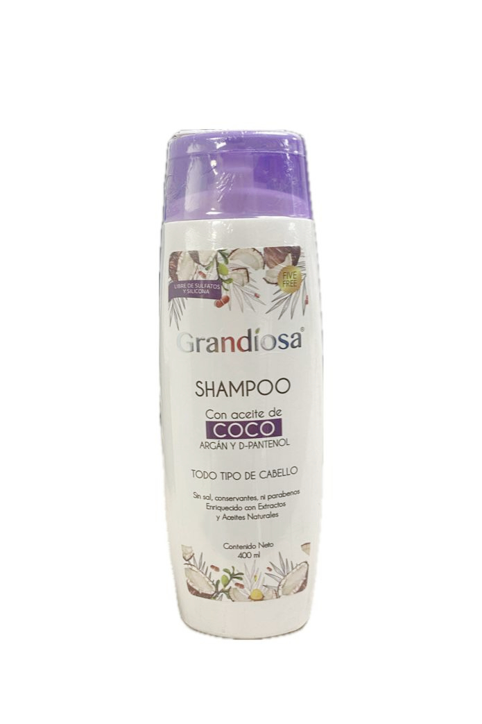 SHAMPOO GRANDIOSA CON ACEITE DE COCO Y ARGAN FRASCO X 400 ML 