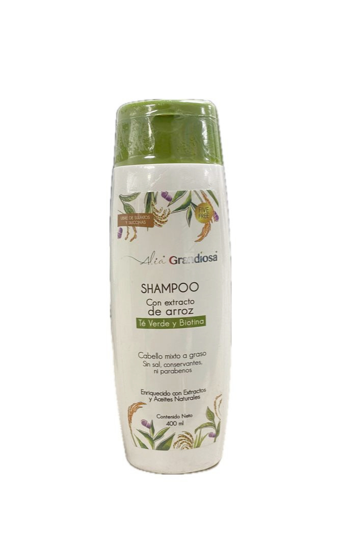 SHAMPOO GRANDIOSA CON EXTRACTO DE ARROZ TE VERDE Y BIOTINA FRASCO X 400 ML 