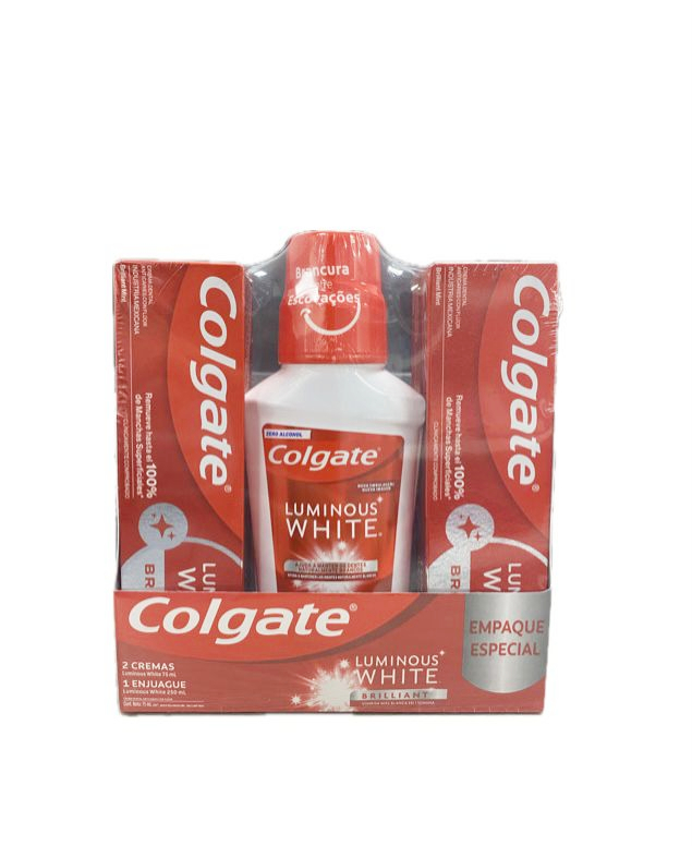 CREMA DENTAL COLGATE LUMINOUS WHITE PACK CON  2 TUBOS C/U X 75 ML + 1 ENJUAGUE BUCAL FRASCO X 250 ML 