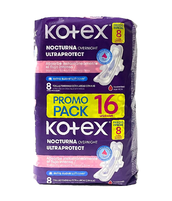 TOALLAS KOTEX NOCTURNA TELA 2 PACK X 8 UNDS C/U