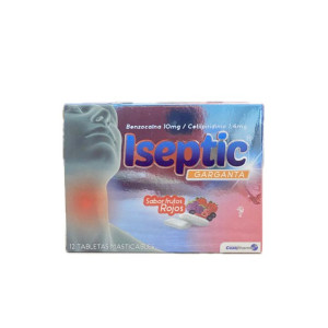 ISEPTIC GARGANTA SABOR FRUTOS ROJOS CAJA X 12 TABLETAS MASTICABLES