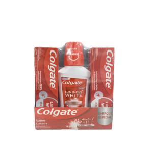 CREMA DENTAL COLGATE LUMINOUS WHITE PACK CON  2 TUBOS C/U X 75 ML + 1 ENJUAGUE BUCAL FRASCO X 250 ML 